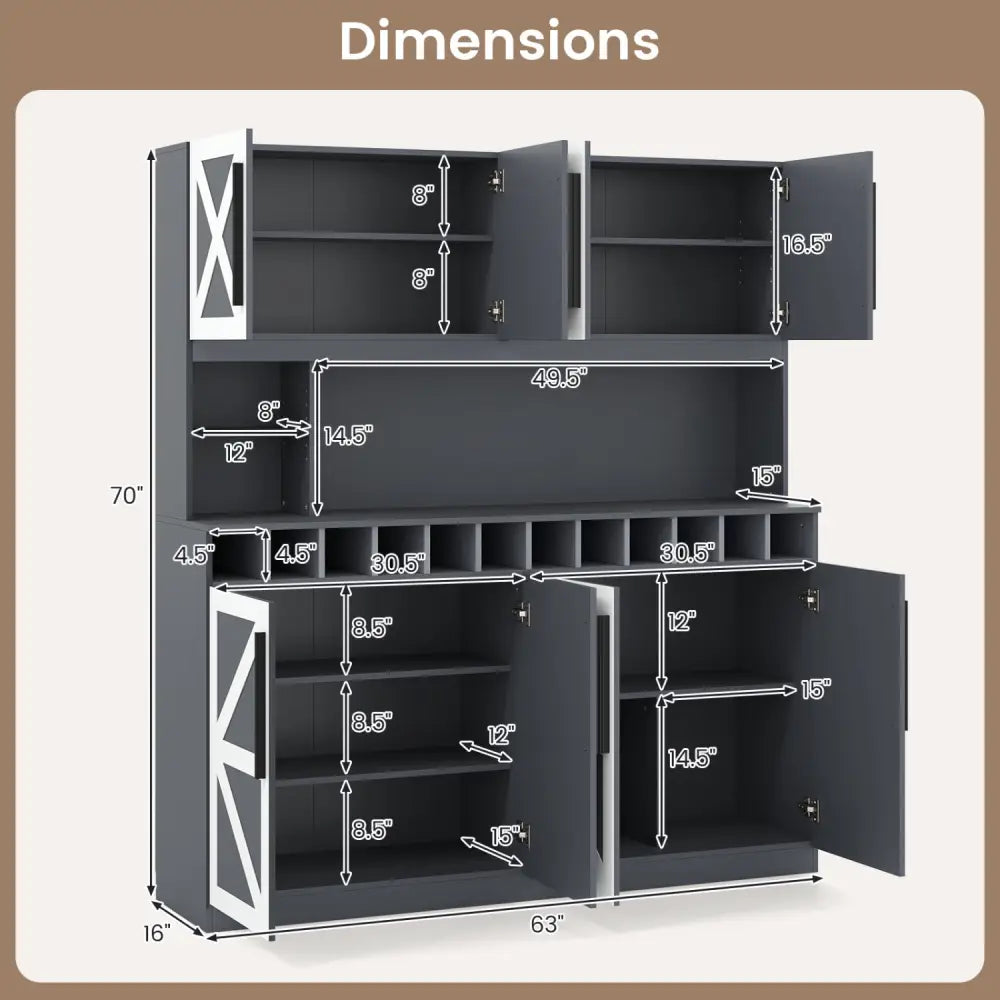 70 Inch Farmhouse Pantry Cabinet Kitchen Buffet Hutch with 4 Cabinets and 2 Open Shelves-Dark Gray - Dark Gray