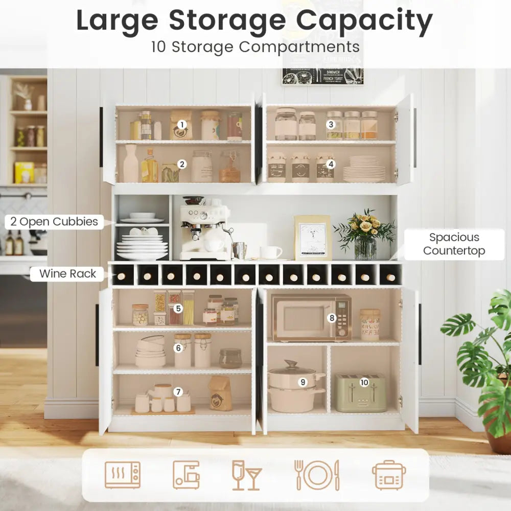 70 Inch Farmhouse Pantry Cabinet Kitchen Buffet Hutch with 4 Cabinets and 2 Open Shelves-White - White - Sideboards