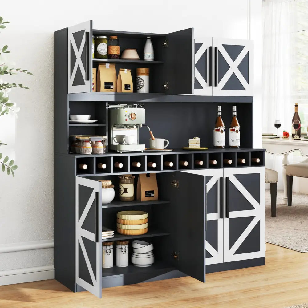 70 Inch Farmhouse Pantry Cabinet Kitchen Buffet Hutch with 4 Cabinets and 2 Open Shelves-Dark Gray - Dark Gray