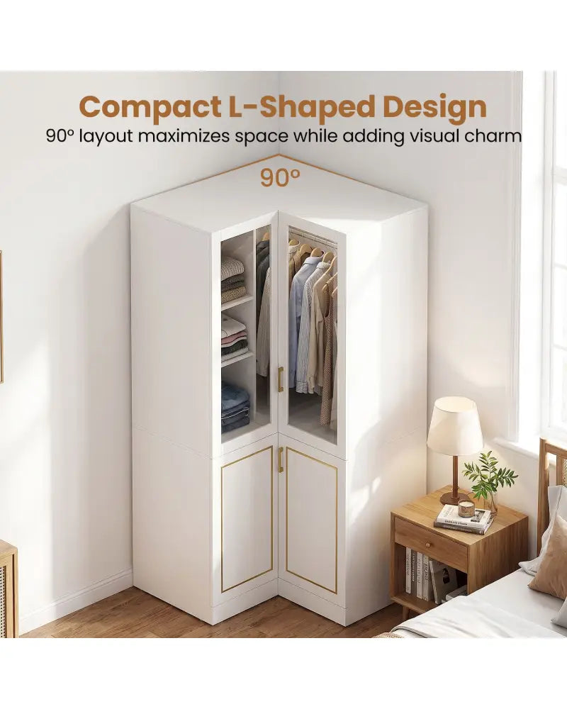 70 Inch L-Shaped Armoire Corner Wardrobe Closet with Hanging Rod-White - White - Clothing & Closet Storage