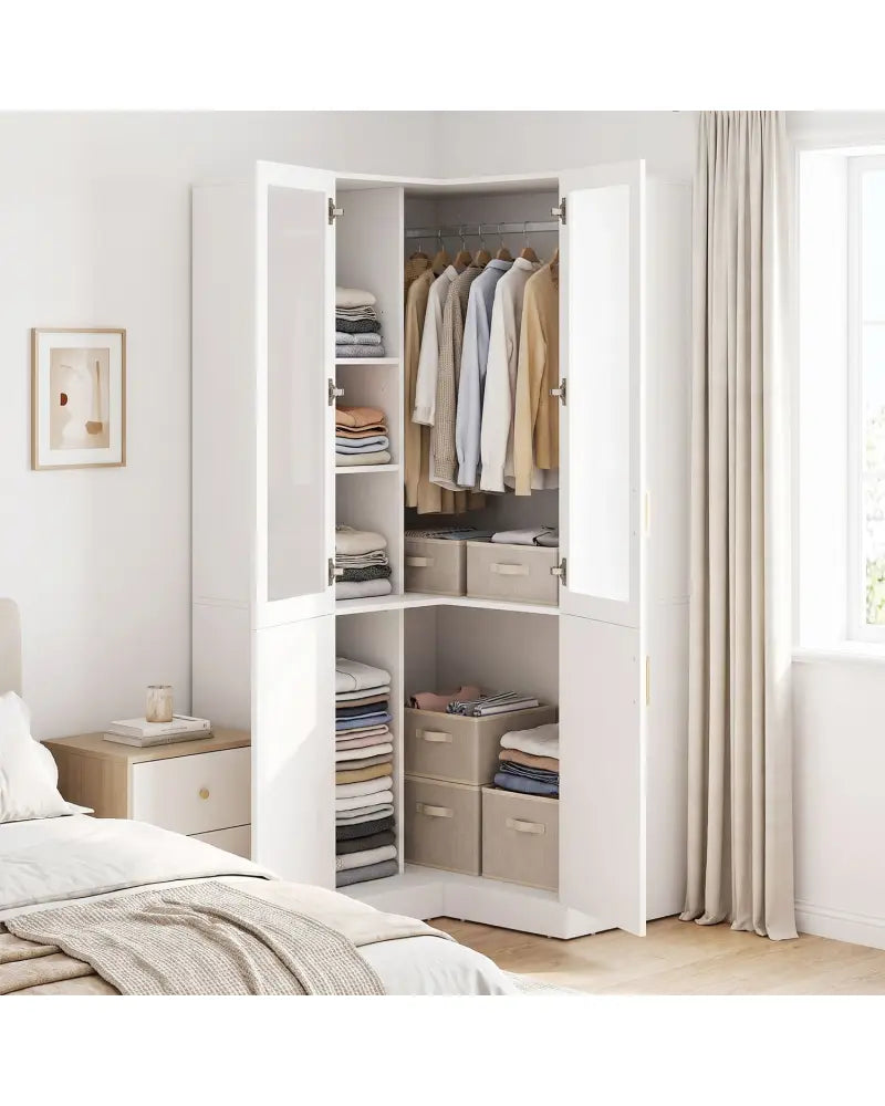 70 Inch L-Shaped Armoire Corner Wardrobe Closet with Hanging Rod-White - White - Clothing & Closet Storage