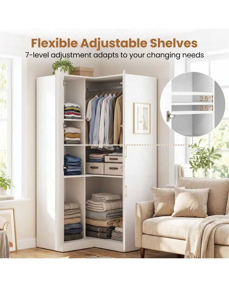 70 Inch L-Shaped Armoire Corner Wardrobe Closet with Hanging Rod-White - White - Clothing & Closet Storage
