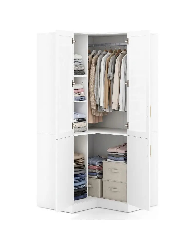 70 Inch L-Shaped Armoire Corner Wardrobe Closet with Hanging Rod-White - White - Clothing & Closet Storage