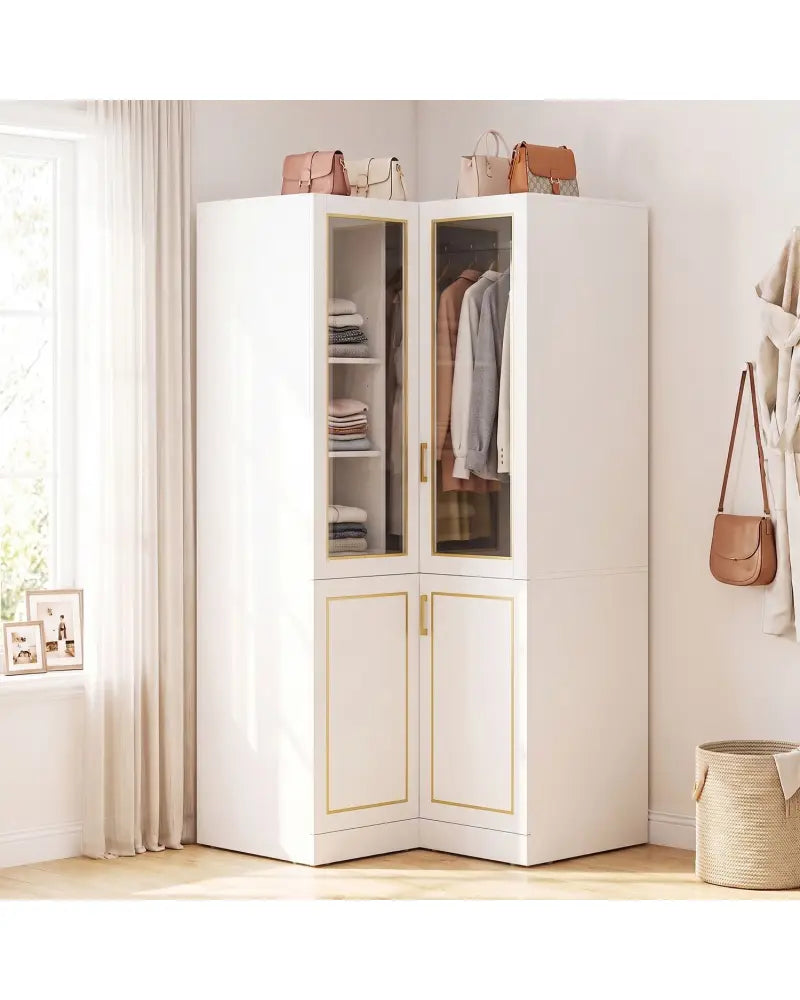 70 Inch L-Shaped Armoire Corner Wardrobe Closet with Hanging Rod-White - White - Clothing & Closet Storage