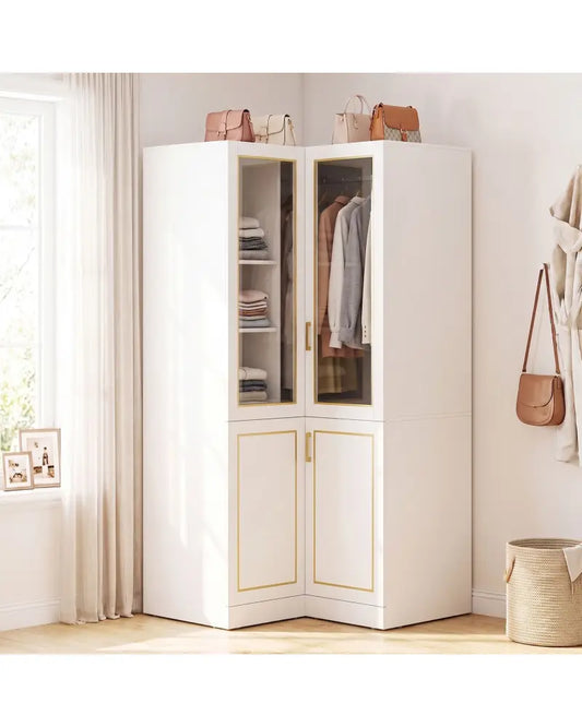 70 Inch L-Shaped Armoire Corner Wardrobe Closet with Hanging Rod-White - White - Clothing & Closet Storage