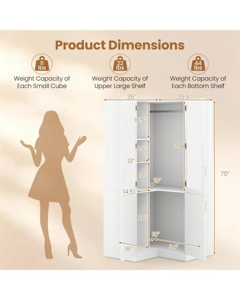 70 Inch L-Shaped Armoire Corner Wardrobe Closet with Hanging Rod-White - White - Clothing & Closet Storage