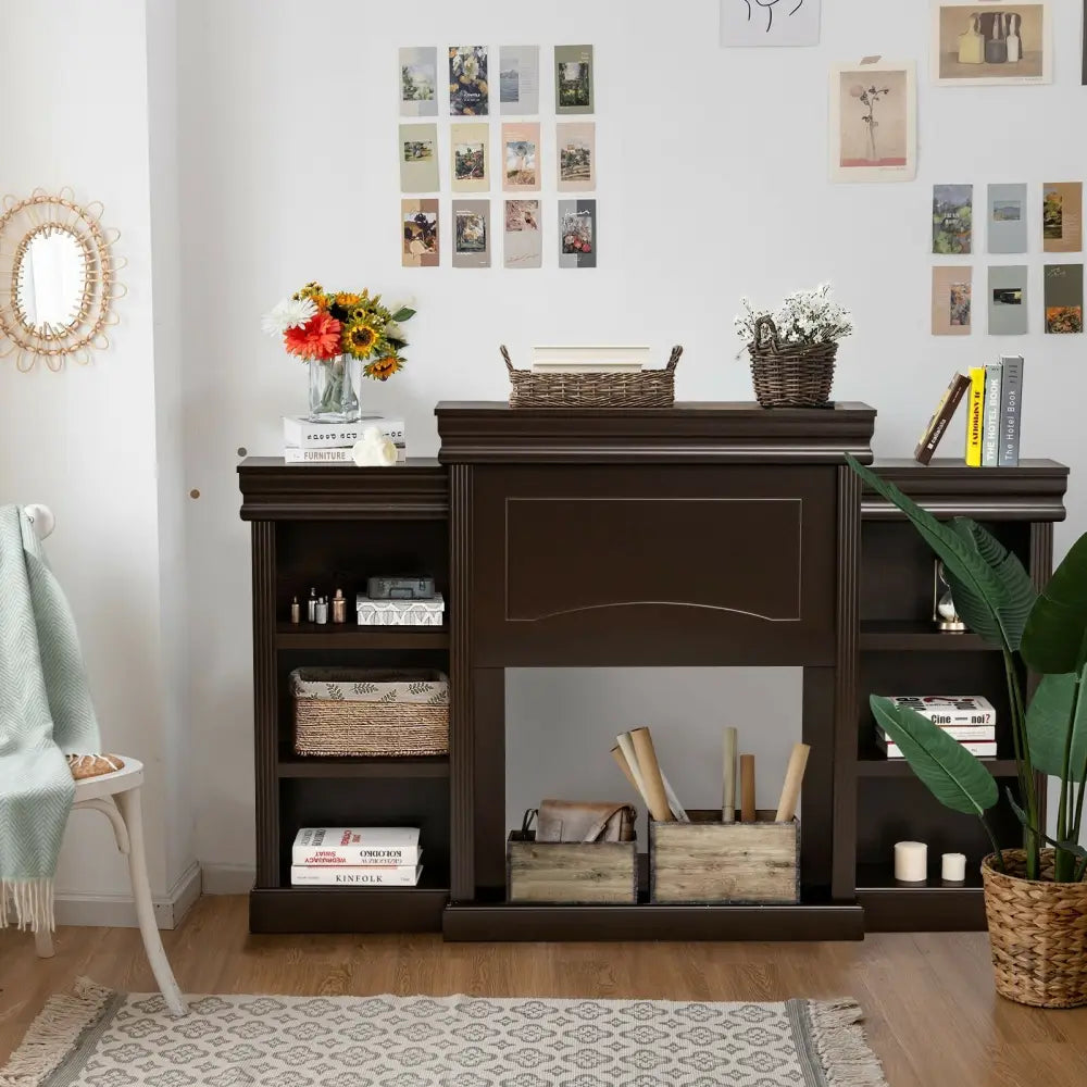 70 Inch Modern Fireplace Media Entertainment Center with Bookcase-Brown - Brown - Entertainment Centers & TV Stands