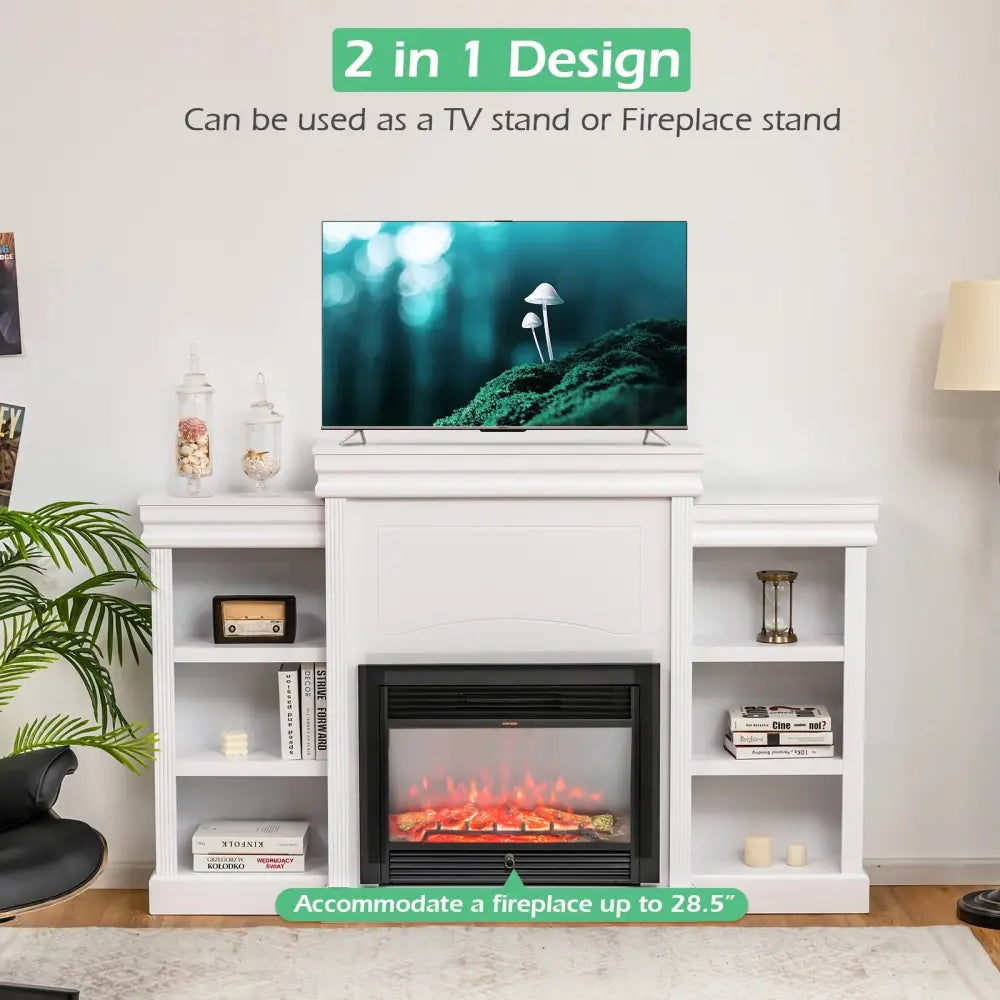 70 Inch Modern Fireplace Media Entertainment Center with Bookcase-White - White - Entertainment Centers & TV Stands