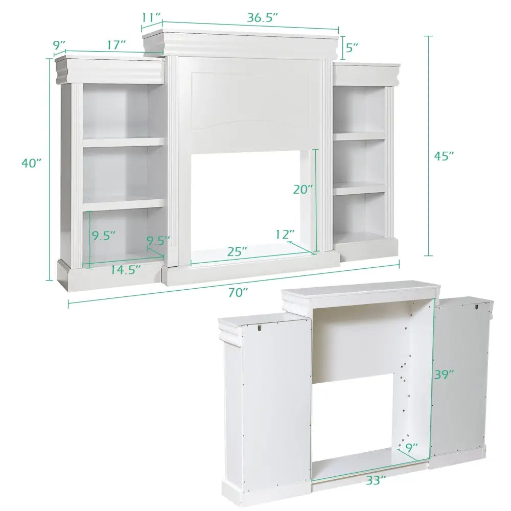70 Inch Modern Fireplace Media Entertainment Center with Bookcase-White - White - Entertainment Centers & TV Stands