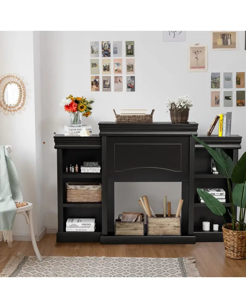 70 Inch Modern Fireplace Media Entertainment Center with Bookcase-Black - Black - Entertainment Centers & TV Stands