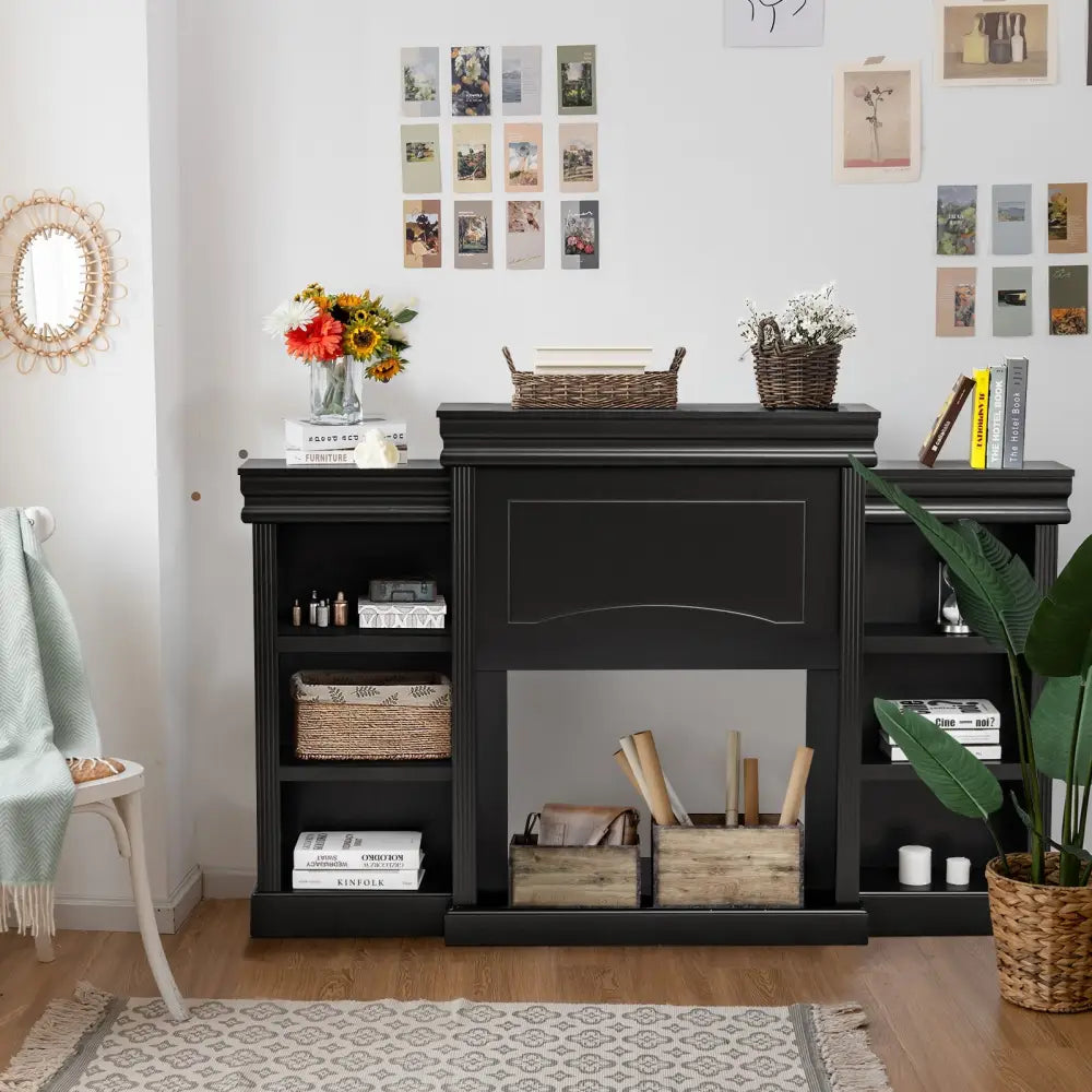 70 Inch Modern Fireplace Media Entertainment Center with Bookcase-Black - Black - Entertainment Centers & TV Stands