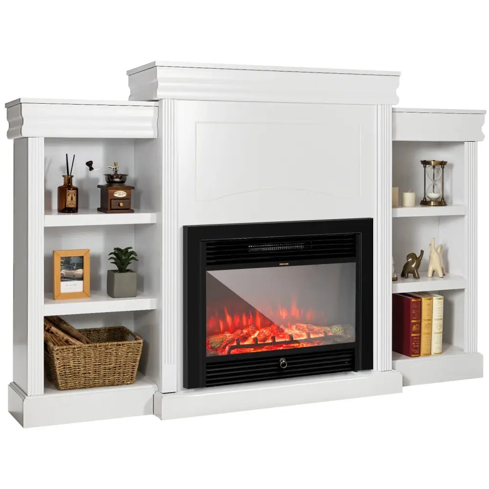 70 Inch Modern Fireplace Media Entertainment Center with Bookcase-White - White - Entertainment Centers & TV Stands