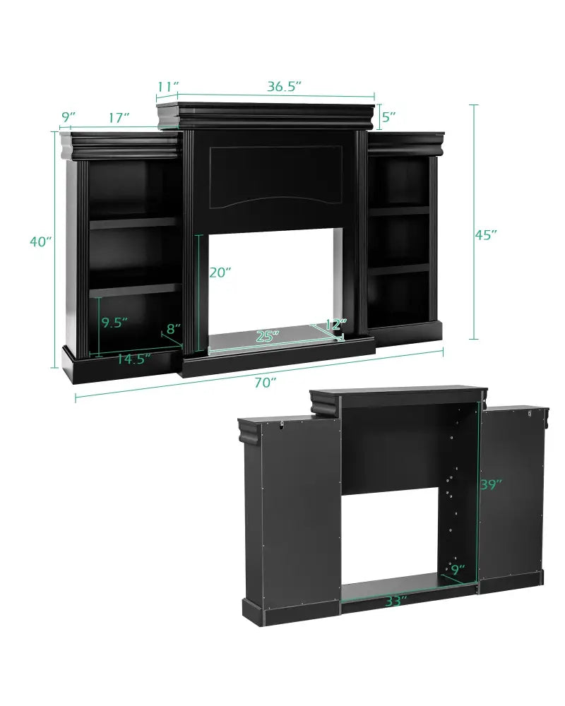 70 Inch Modern Fireplace Media Entertainment Center with Bookcase-Black - Black - Entertainment Centers & TV Stands