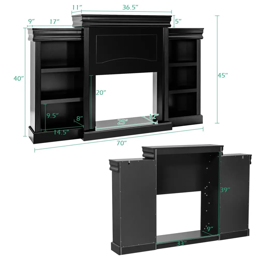 70 Inch Modern Fireplace Media Entertainment Center with Bookcase-Black - Black - Entertainment Centers & TV Stands