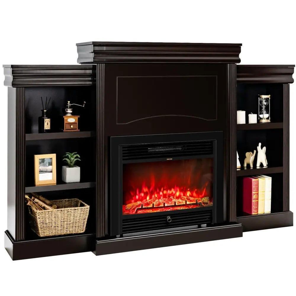 70 Inch Modern Fireplace Media Entertainment Center with Bookcase-Brown - Brown - Entertainment Centers & TV Stands