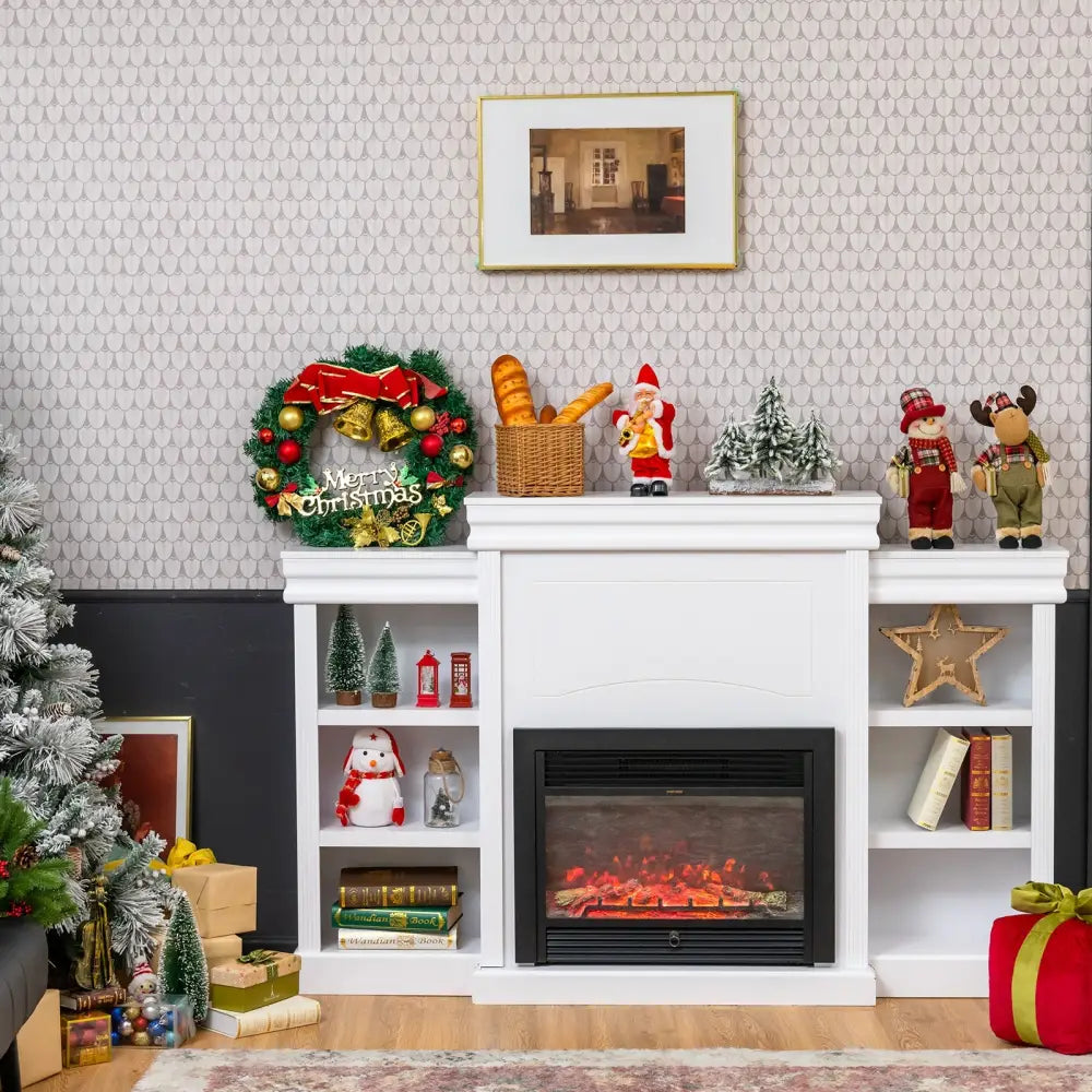 70 Inch Modern Fireplace Media Entertainment Center with Bookcase-White - White - Entertainment Centers & TV Stands