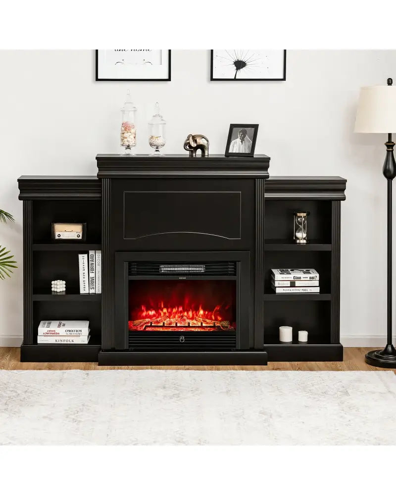 70 Inch Modern Fireplace Media Entertainment Center with Bookcase-Black - Black - Entertainment Centers & TV Stands