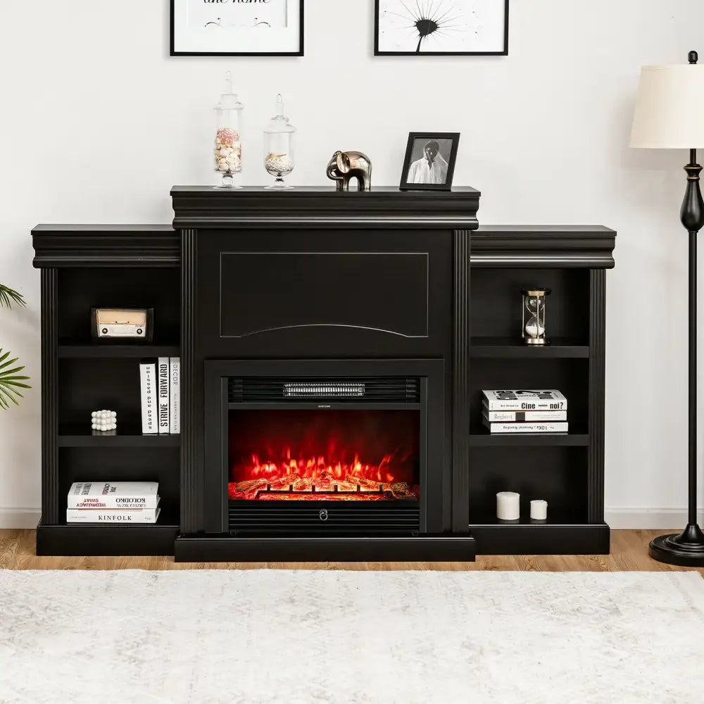 70 Inch Modern Fireplace Media Entertainment Center with Bookcase-Black - Black - Entertainment Centers & TV Stands