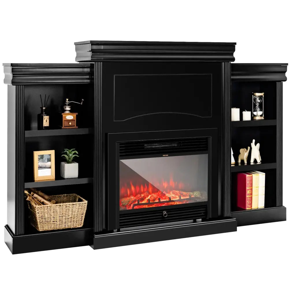 70 Inch Modern Fireplace Media Entertainment Center with Bookcase-Black - Black - Entertainment Centers & TV Stands
