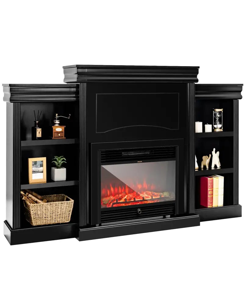 70 Inch Modern Fireplace Media Entertainment Center with Bookcase-Black - Black - Entertainment Centers & TV Stands