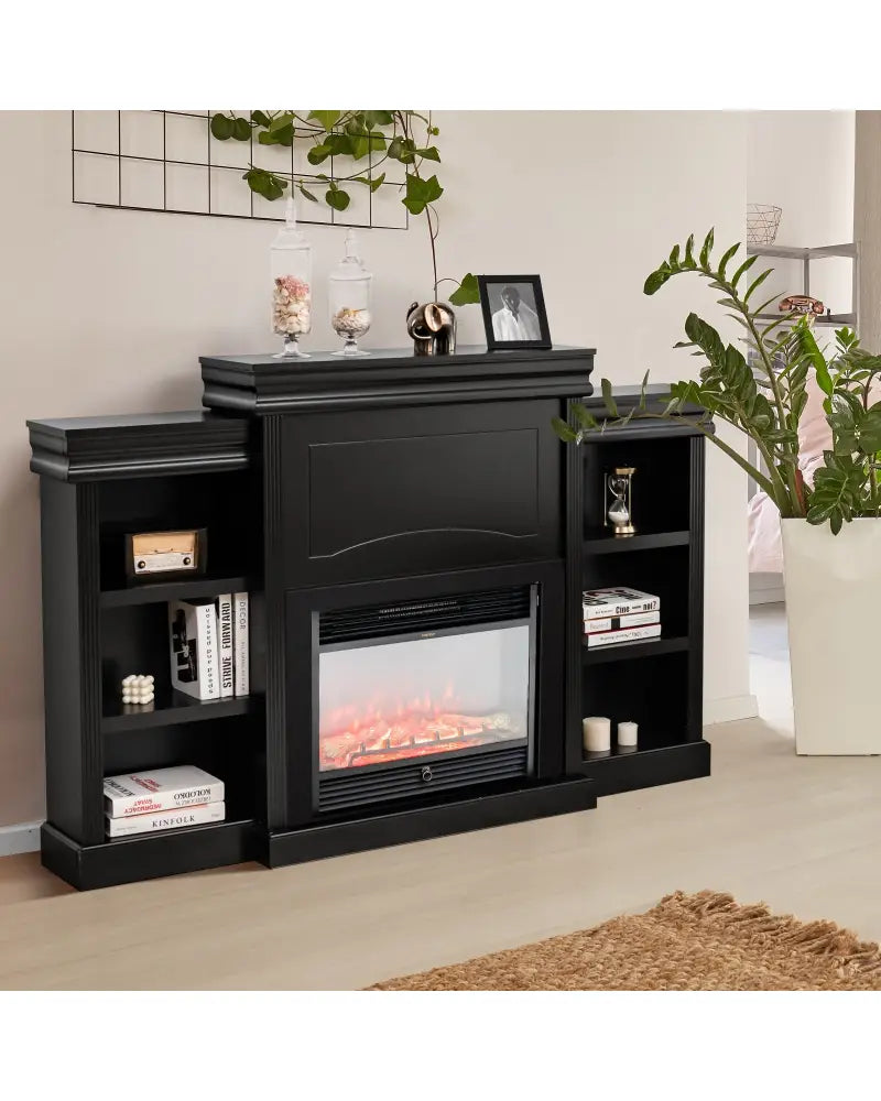 70 Inch Modern Fireplace Media Entertainment Center with Bookcase-Black - Black - Entertainment Centers & TV Stands