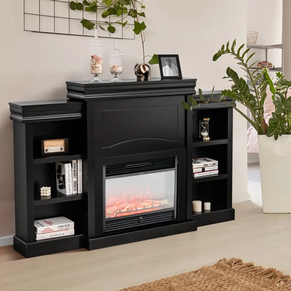 70 Inch Modern Fireplace Media Entertainment Center with Bookcase-Black - Black - Entertainment Centers & TV Stands