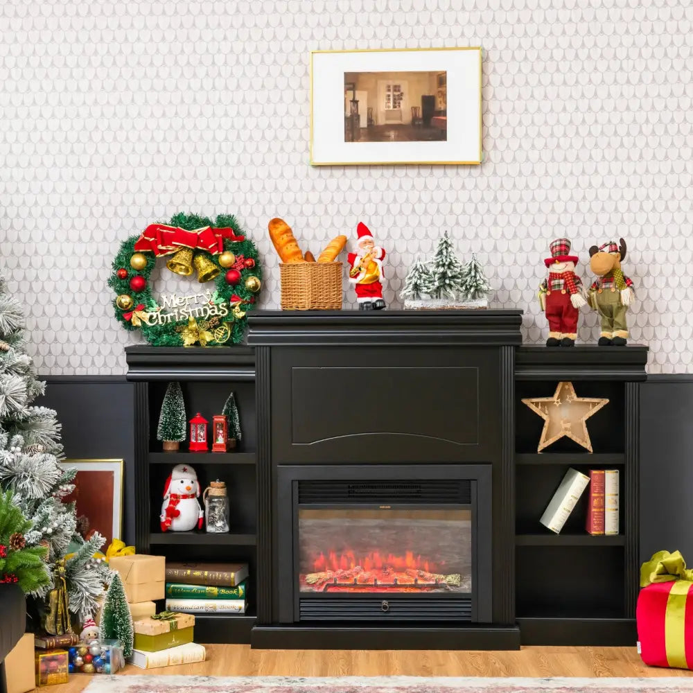 70 Inch Modern Fireplace Media Entertainment Center with Bookcase-Black - Black - Entertainment Centers & TV Stands