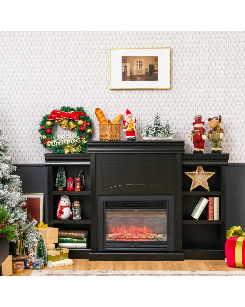 70 Inch Modern Fireplace Media Entertainment Center with Bookcase-Black - Black - Entertainment Centers & TV Stands