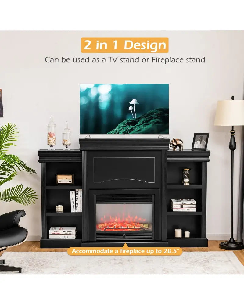 70 Inch Modern Fireplace Media Entertainment Center with Bookcase-Black - Black - Entertainment Centers & TV Stands