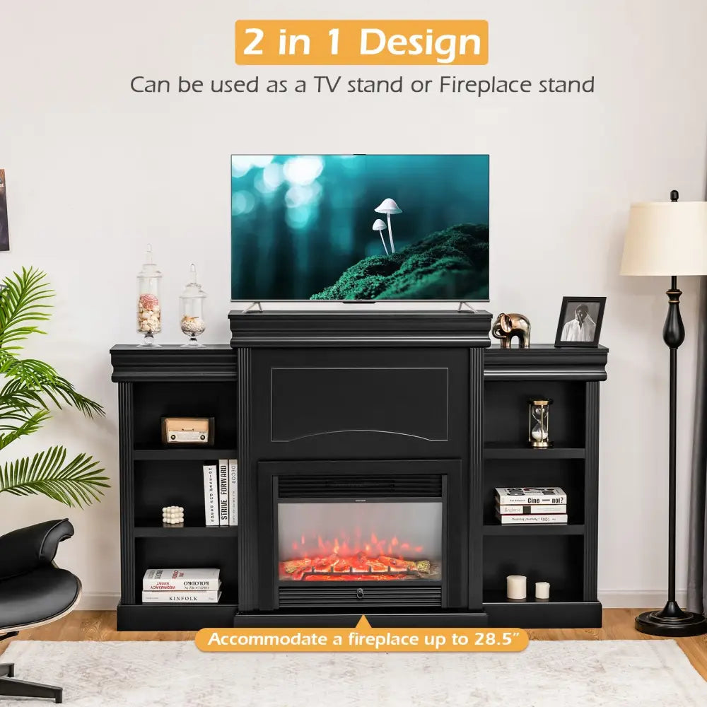 70 Inch Modern Fireplace Media Entertainment Center with Bookcase-Black - Black - Entertainment Centers & TV Stands