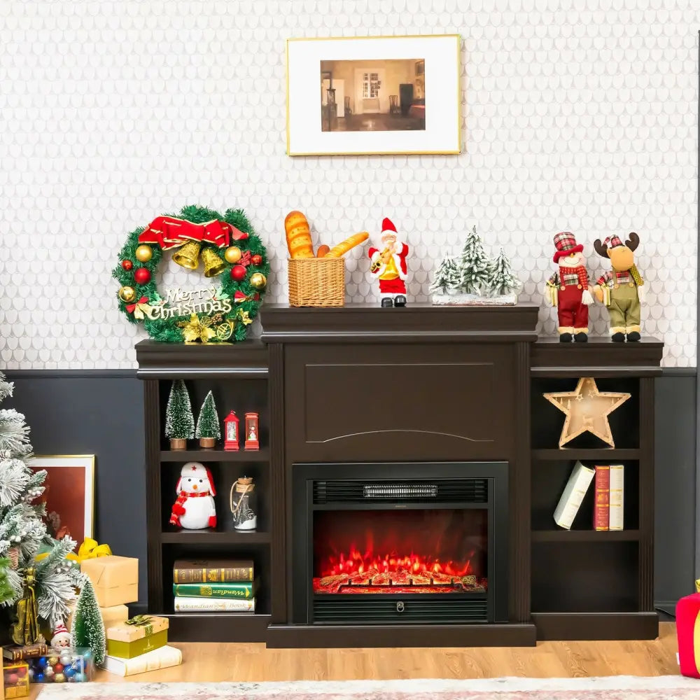 70 Inch Modern Fireplace Media Entertainment Center with Bookcase-Brown - Brown - Entertainment Centers & TV Stands