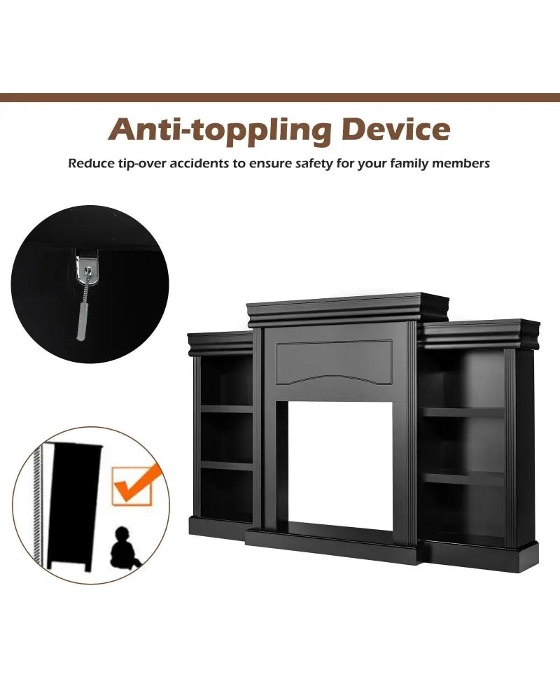 70 Inch Modern Fireplace Media Entertainment Center with Bookcase-Black - Black - Entertainment Centers & TV Stands