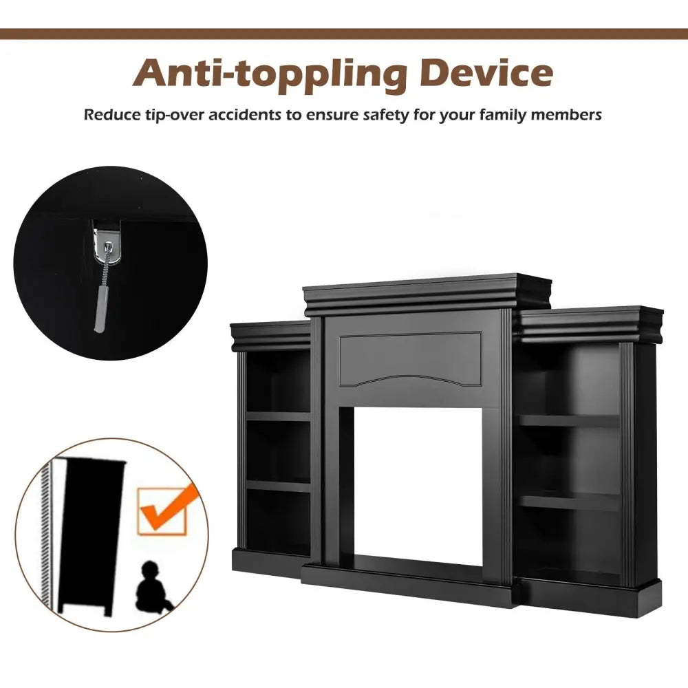 70 Inch Modern Fireplace Media Entertainment Center with Bookcase-Black - Black - Entertainment Centers & TV Stands
