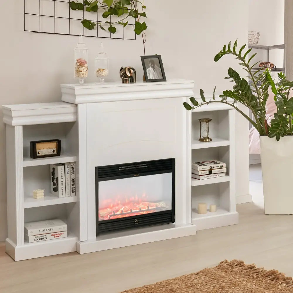 70 Inch Modern Fireplace Media Entertainment Center with Bookcase-White - White - Entertainment Centers & TV Stands