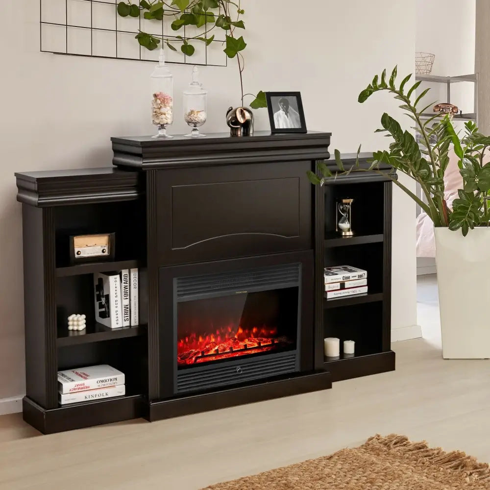70 Inch Modern Fireplace Media Entertainment Center with Bookcase-Brown - Brown - Entertainment Centers & TV Stands