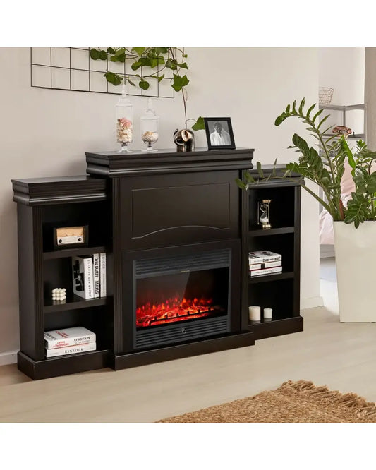 70 Inch Modern Fireplace Media Entertainment Center with Bookcase-Brown - Brown - Entertainment Centers & TV Stands