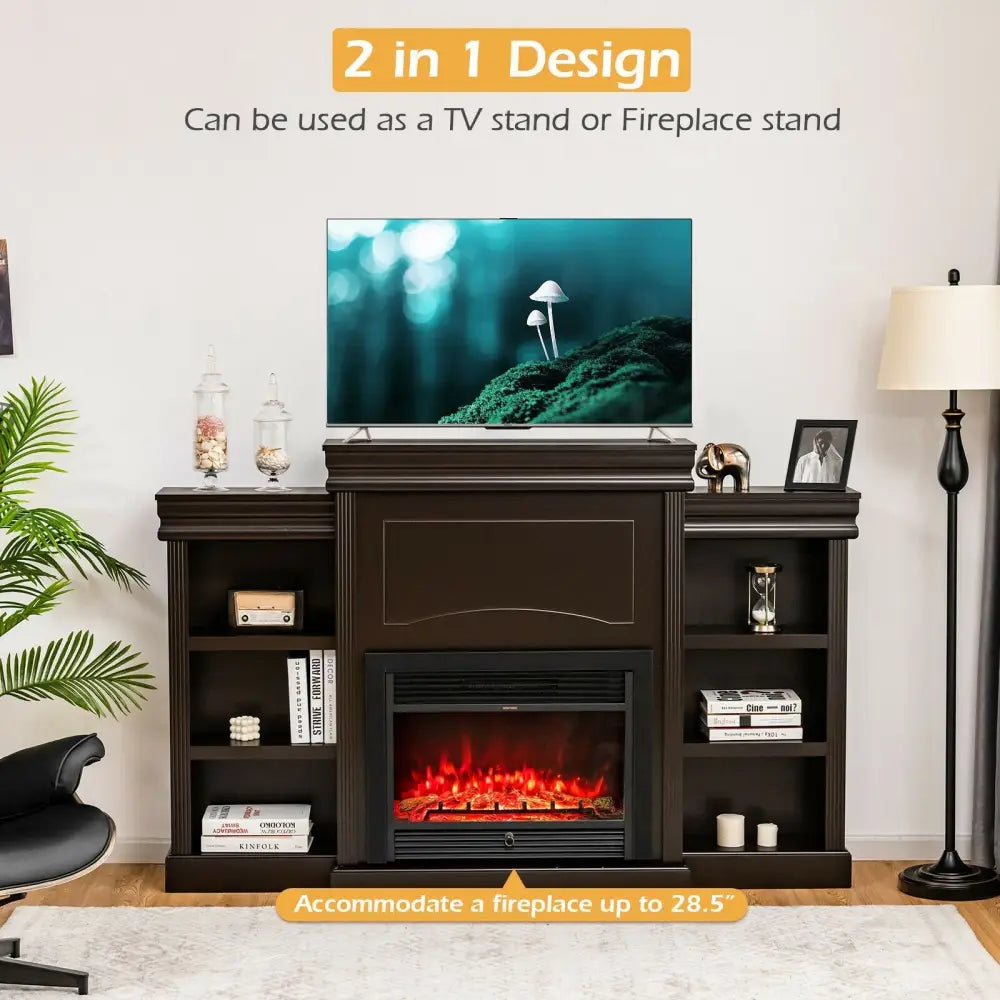 70 Inch Modern Fireplace Media Entertainment Center with Bookcase-Brown - Brown - Entertainment Centers & TV Stands