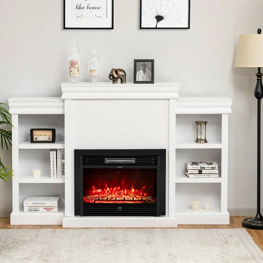 70 Inch Modern Fireplace Media Entertainment Center with Bookcase-White - White - Entertainment Centers & TV Stands