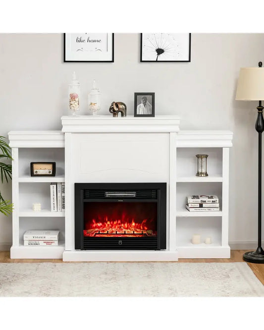 70 Inch Modern Fireplace Media Entertainment Center with Bookcase-White - White - Entertainment Centers & TV Stands