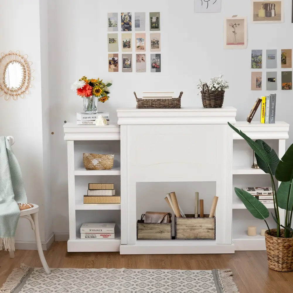 70 Inch Modern Fireplace Media Entertainment Center with Bookcase-White - White - Entertainment Centers & TV Stands