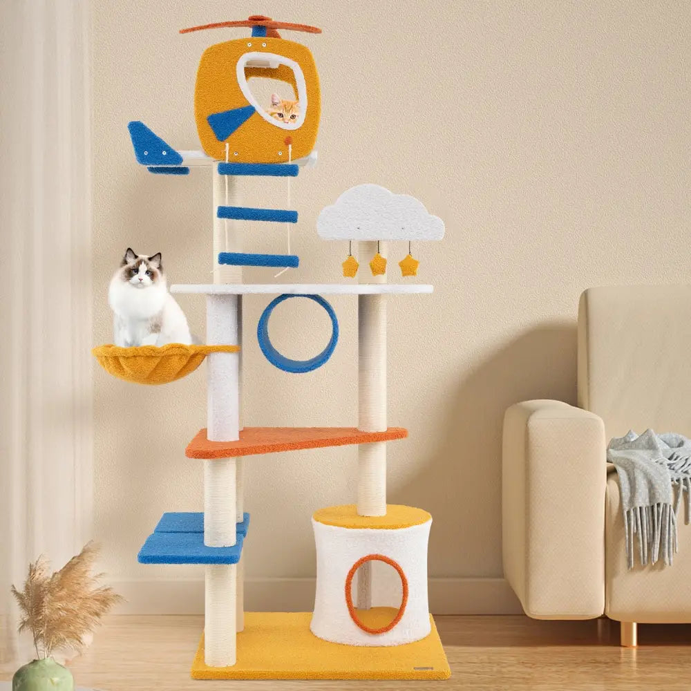 70 Inch Tall Aviation-themed Cat Tree with Helicopter Top Perch and Platforms-Yellow - Yellow - Cat Trees Condos &
