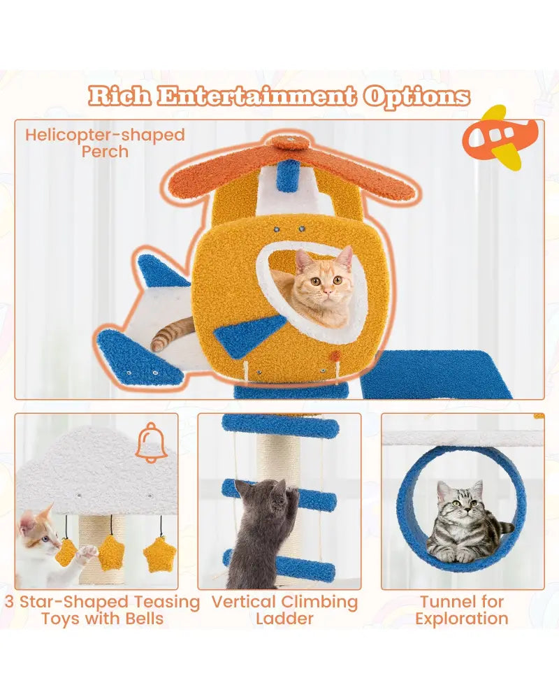 70 Inch Tall Aviation-themed Cat Tree with Helicopter Top Perch and Platforms-Yellow - Yellow - Cat Trees Condos &