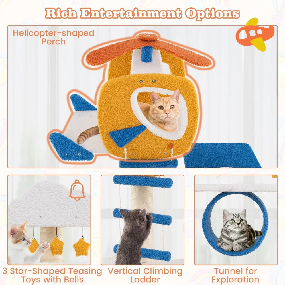 70 Inch Tall Aviation-themed Cat Tree with Helicopter Top Perch and Platforms-Yellow - Yellow - Cat Trees Condos &