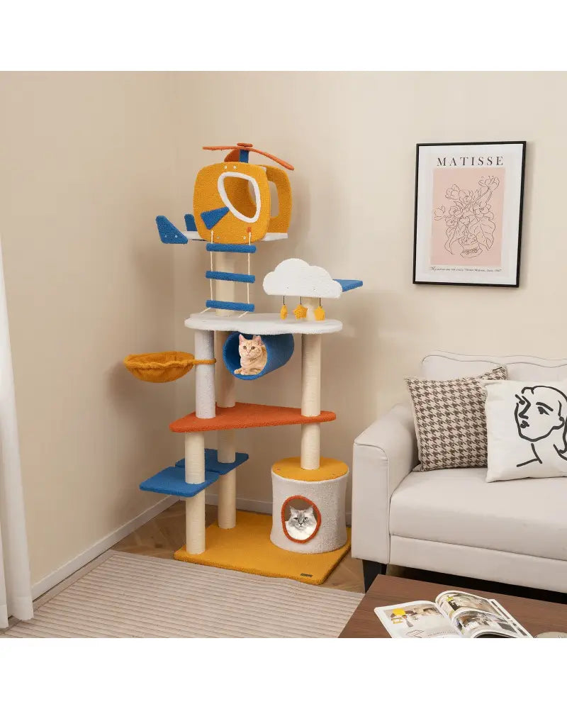 70 Inch Tall Aviation-themed Cat Tree with Helicopter Top Perch and Platforms-Yellow - Yellow - Cat Trees Condos &