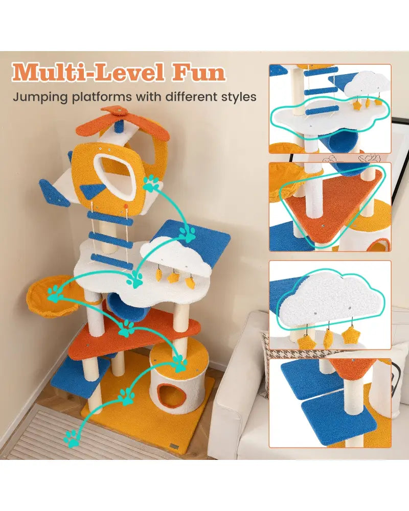 70 Inch Tall Aviation-themed Cat Tree with Helicopter Top Perch and Platforms-Yellow - Yellow - Cat Trees Condos &