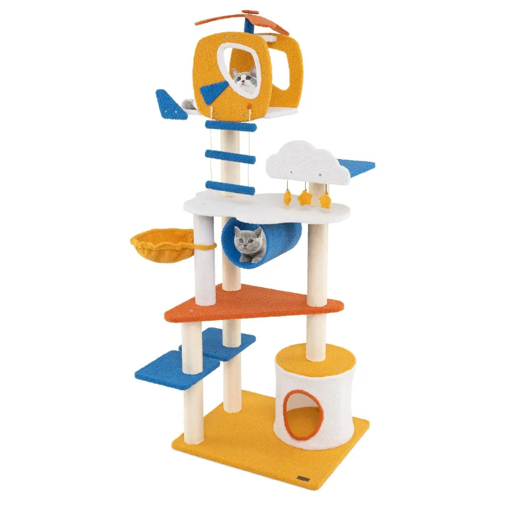 70 Inch Tall Aviation-themed Cat Tree with Helicopter Top Perch and Platforms-Yellow - Yellow - Cat Trees Condos &
