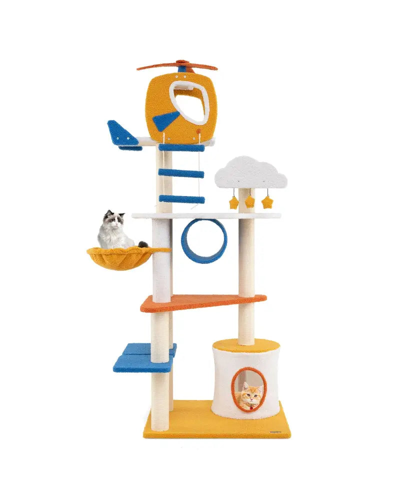 70 Inch Tall Aviation-themed Cat Tree with Helicopter Top Perch and Platforms-Yellow - Yellow - Cat Trees Condos &