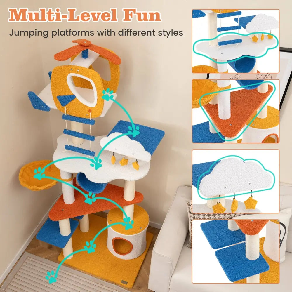 70 Inch Tall Aviation-themed Cat Tree with Helicopter Top Perch and Platforms-Yellow - Yellow - Cat Trees Condos &