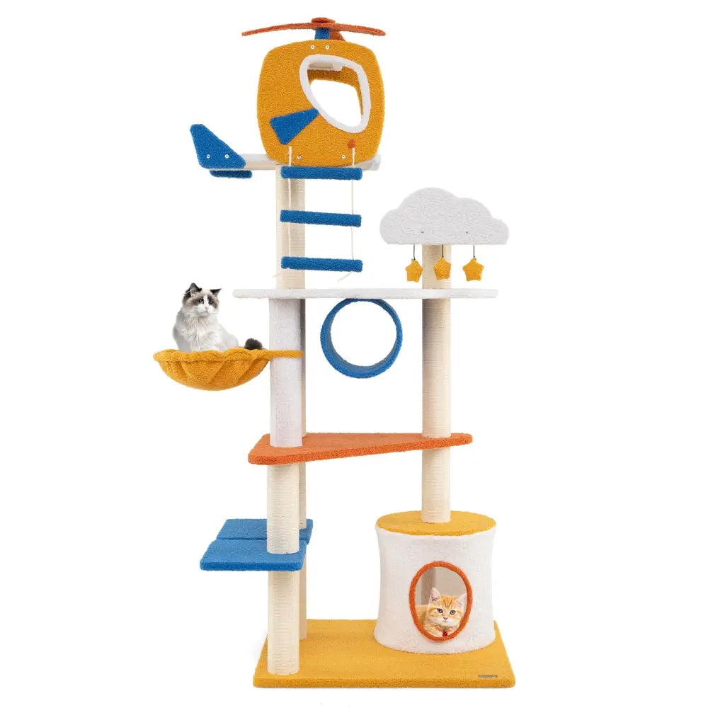 70 Inch Tall Aviation-themed Cat Tree with Helicopter Top Perch and Platforms-Yellow - Yellow - Cat Trees Condos &