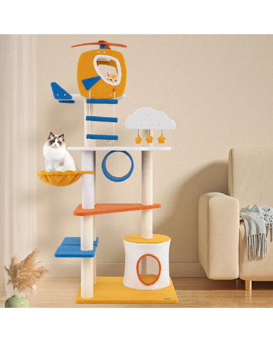 70 Inch Tall Aviation-themed Cat Tree with Helicopter Top Perch and Platforms-Yellow - Yellow - Cat Trees Condos &